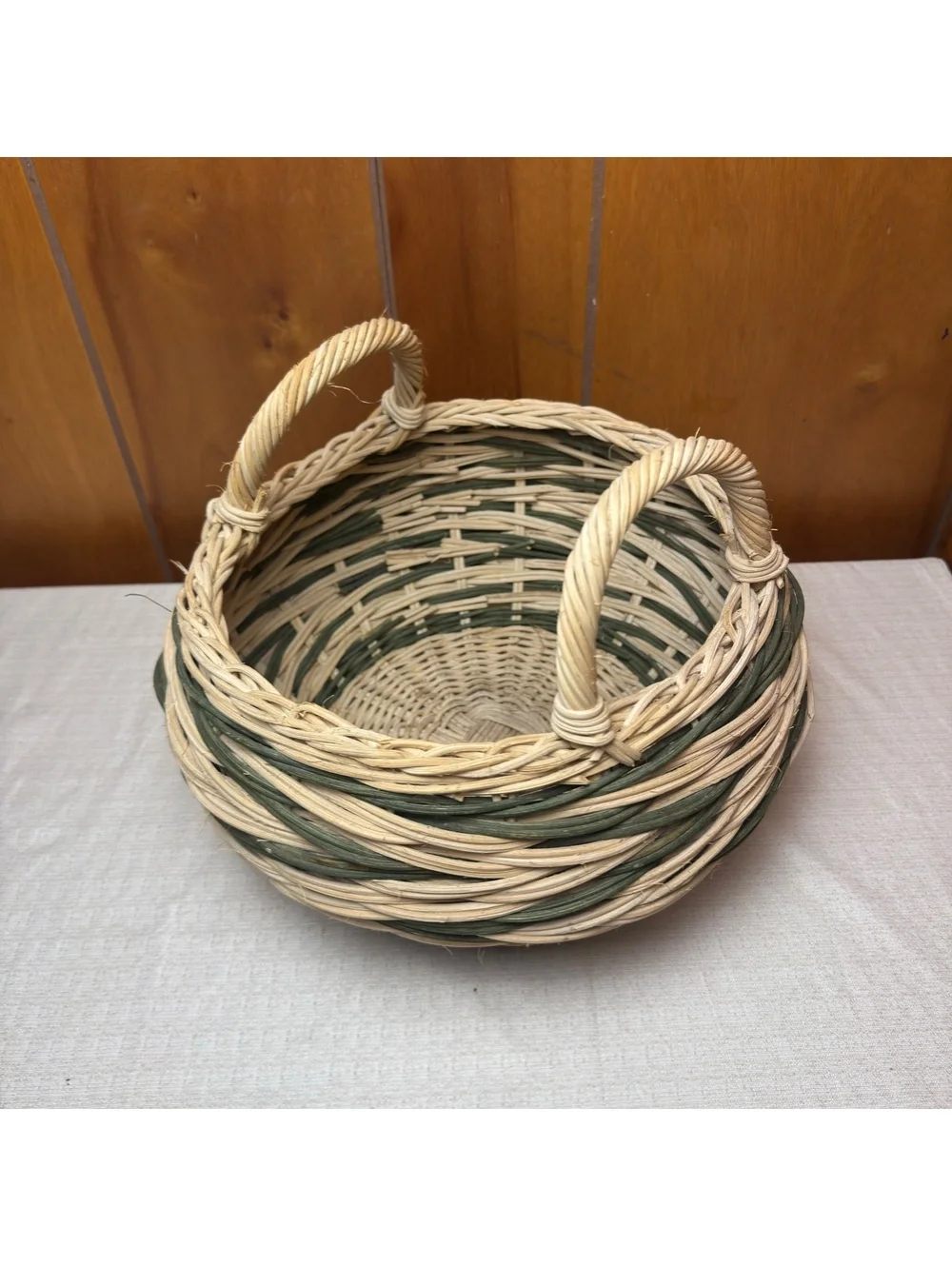 Handwoven Wicker Basket Green Cream Round Double Handle Farmhouse Cottage Decor